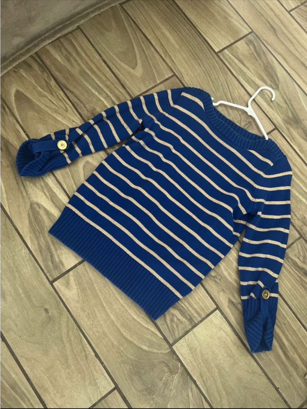 Jones New York Blue and Cream Striped Crewneck Sweater with Button Cuffs